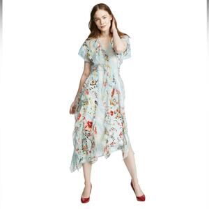 Alice and Olivia Kadence Silk and Lace Godet Dress w/ Ruffled Frills Size 4